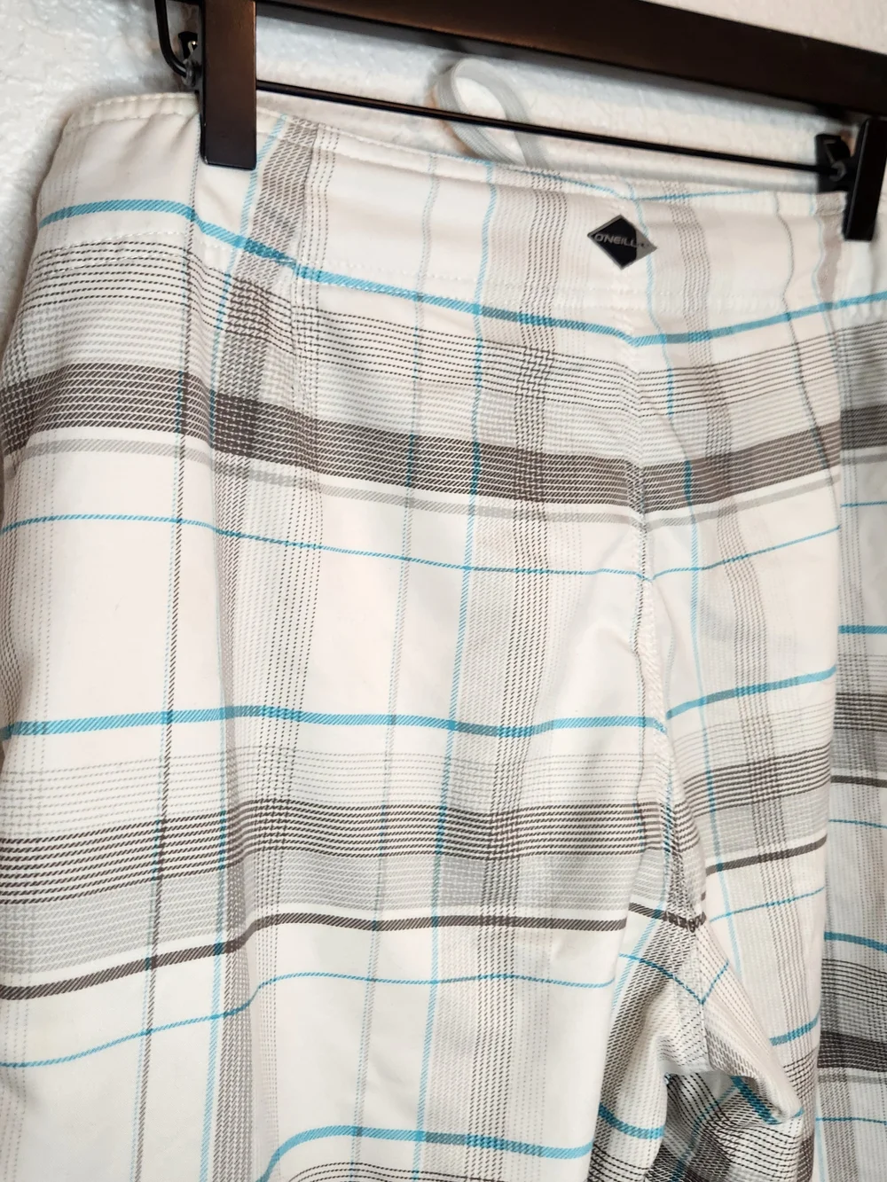 O'neill plaid board shorts men size 36 gray white turquoise swin trunks